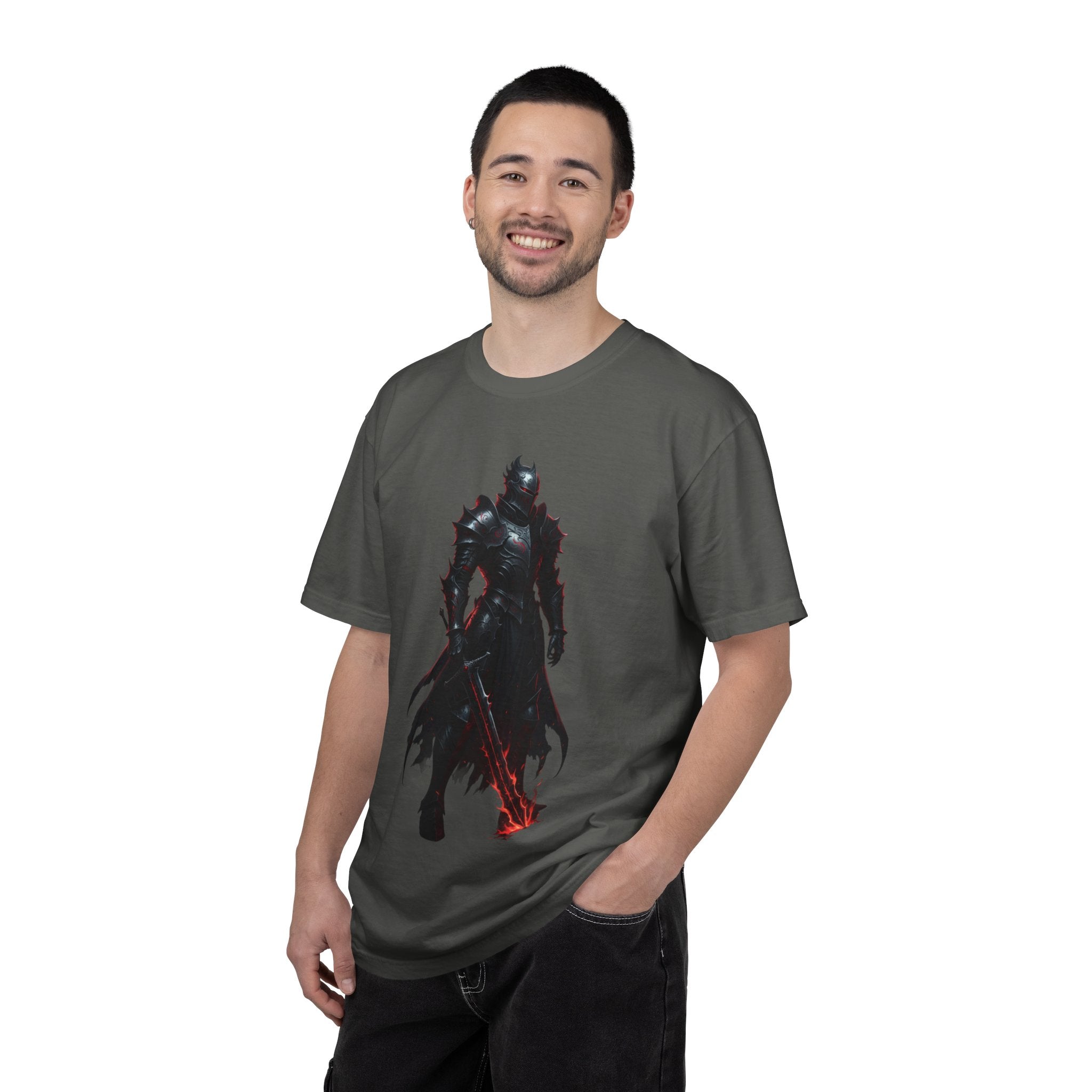 Dark Knight Fantasy T-Shirt — Armored Warrior with Flaming Sword