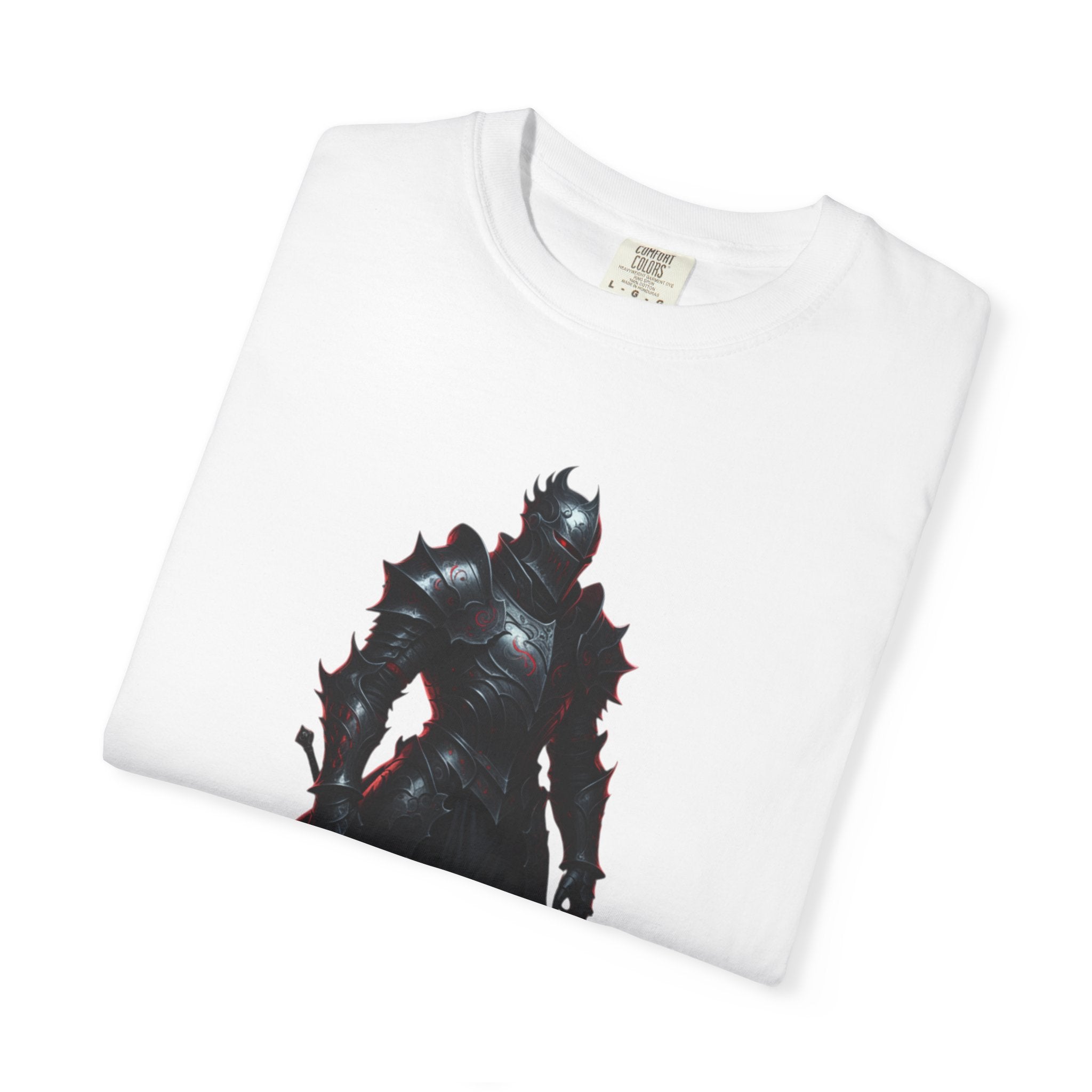 Dark Knight Fantasy T-Shirt — Armored Warrior with Flaming Sword
